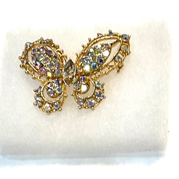 Vintage Filigree Gold and Rhinestone Butterfly Brooch - Picture 2 of 3